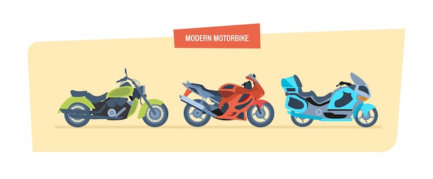 Different types of modern motorcycles sports biker motorcycle classic