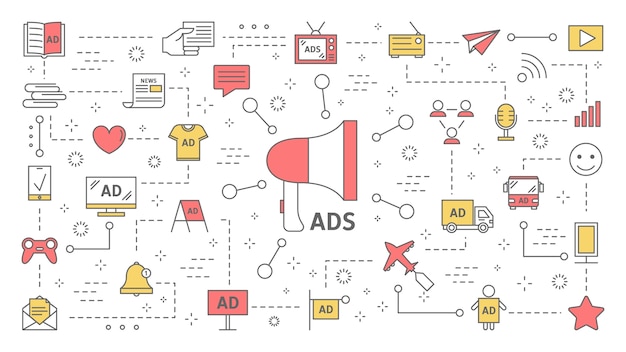 Different types of product advertising concept. Digital and outdoor ads. Commercial advertisement in social media and communication with customer. Set of line icons.    illustration