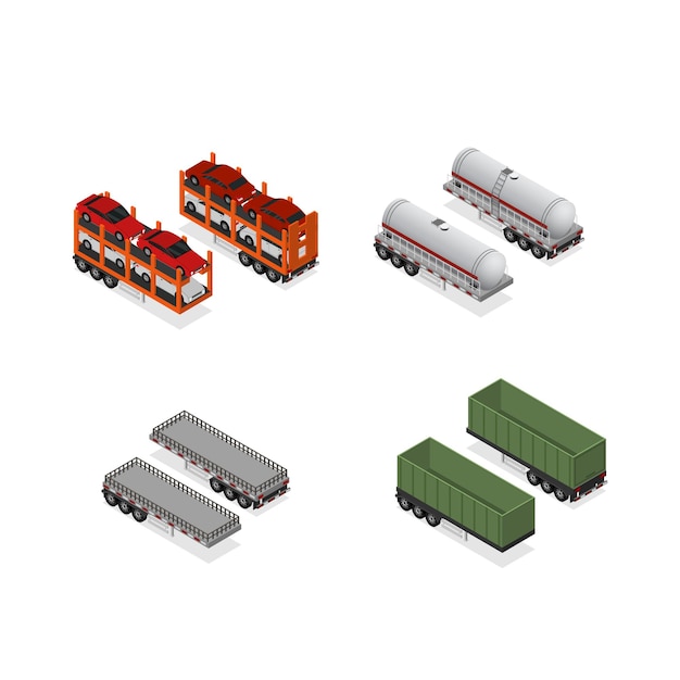 Different Types Trailers 3d Icons Set Isometric View Cargo Transport Isolated on a White Background Vector illustration of Trailer for Delivery and Transportation