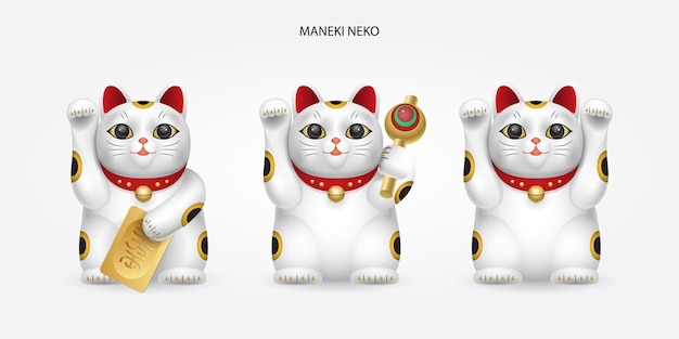 Vector different types of white maneki-neko, lucky japan cat.