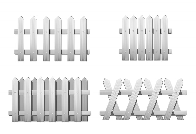 Different types white wooden fence. Set of garden fences isolated on white