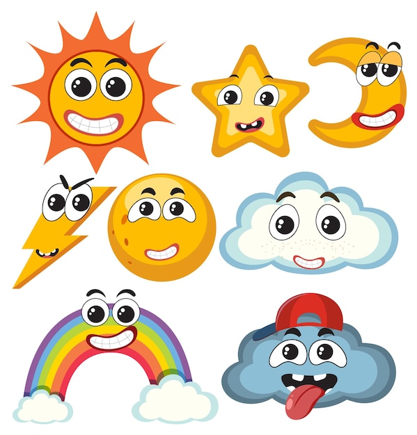 Different weather icons set with facial expression