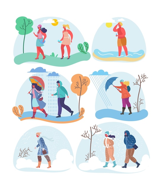 Different weather women vector flat isolated illustration