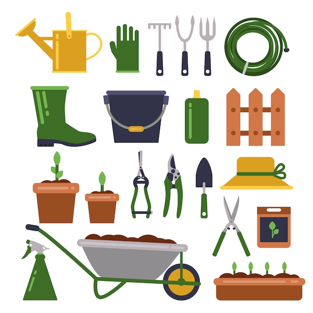 Vector different work tools for gardening. vector icons set in flat style