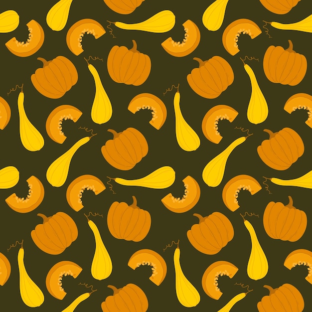 Vector different yellow pumpkins on a dark background endless kitchen pattern with pumpkins