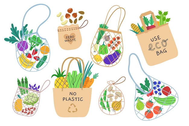 Differents cotton eco friendly bags green lifestyle zero waste reusable shoppers fruits and vegetables in canvas bags nets vector set