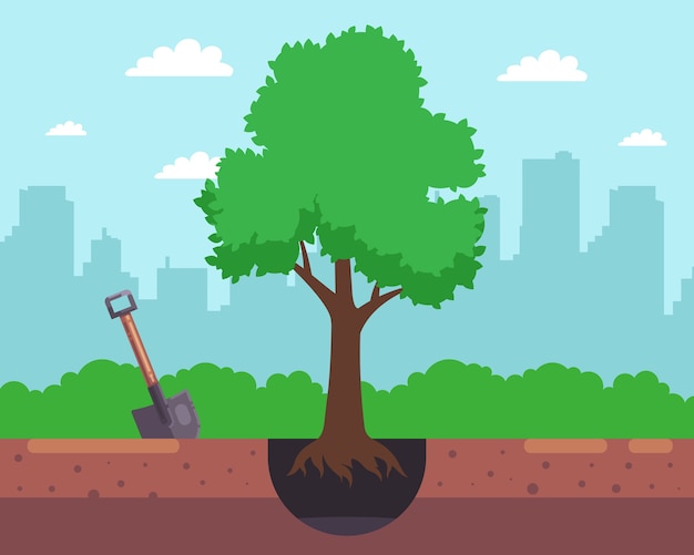 dig a hole with a shovel and plant a tree on the background of the city.   illustration