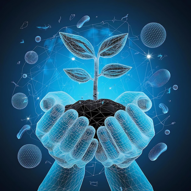 Digital 3d hands holding soil with sprout in dark blue vector wireframe of plant growth