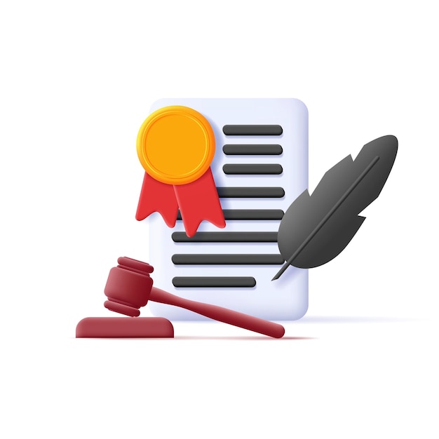 Digital 3d icon of a court document with hammer and feather and stamp emblem