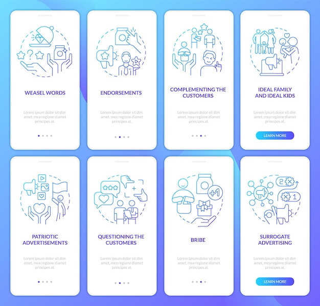 Digital advertising strategies blue gradient onboarding mobile app screen set