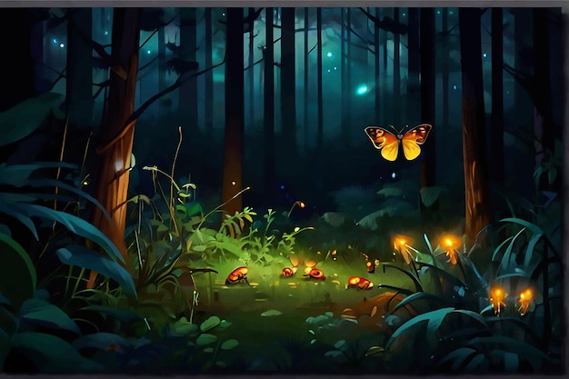 Vector a digital art of a forest at night glowing butterflies