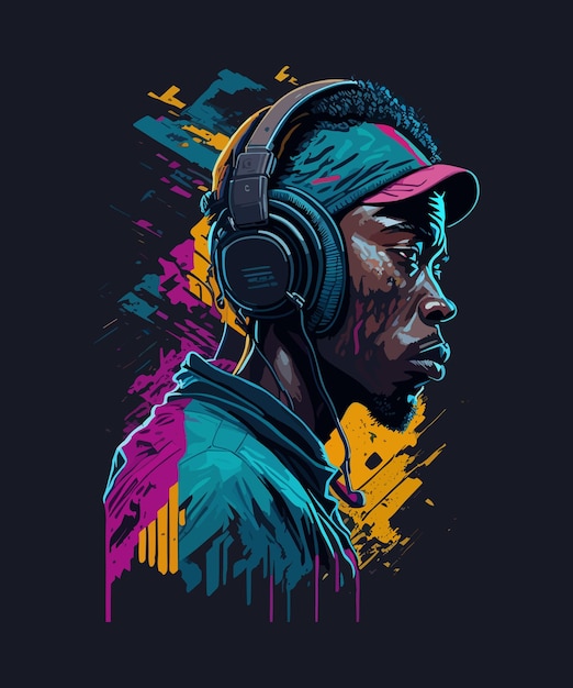 Digital art of an illustrated man with headphones on and a lot of colours