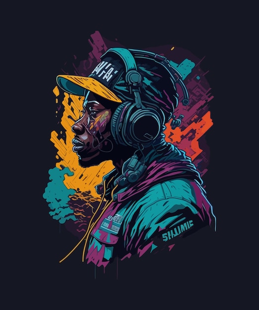 Digital art of an illustrated man with headphones on and a lot of colours