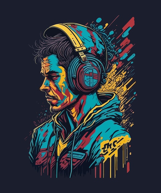 Digital art of an illustrated man with headphones on and a lot of colours