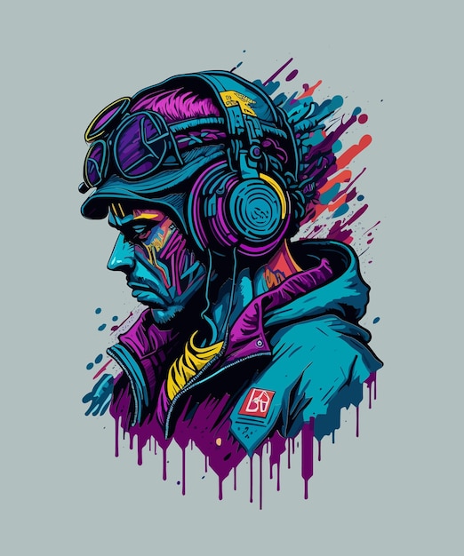 Digital art of an illustrated man with headphones on and a lot of colours