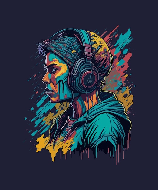 Digital art of an illustrated woman with headphones on and a lot of colours