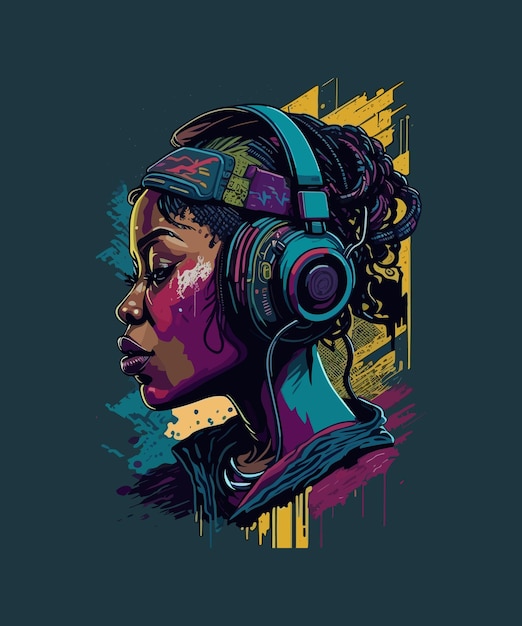 Digital art of an illustrated woman with headphones on and a lot of colours