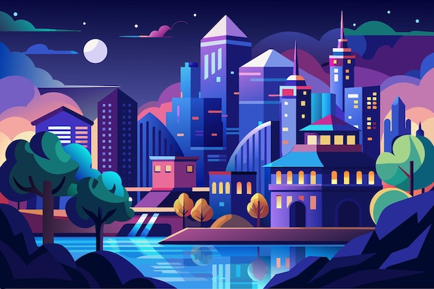 a digital art illustration of a city at night