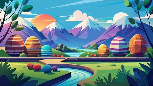 a digital art illustration of a landscape with mountains and river