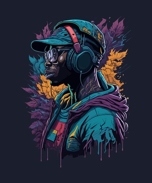 A digital art of a man wearing a cap and headphones