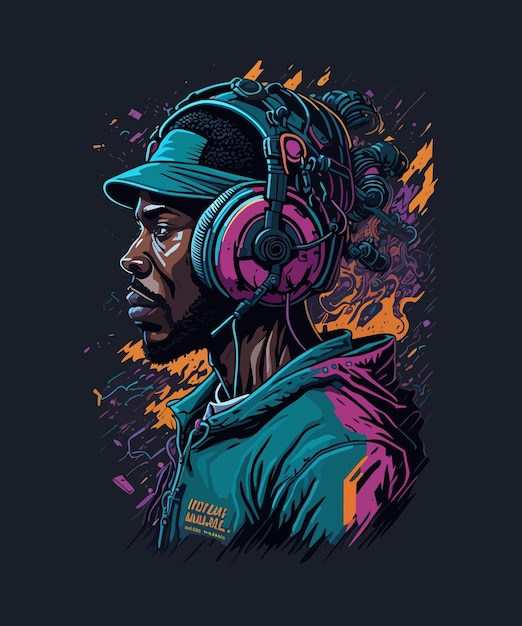 A digital art of a man wearing a headphone with the word dj on it.