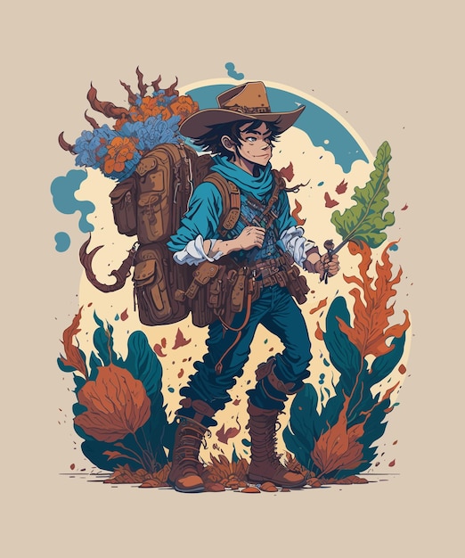 A digital art print of a man with a backpack and a hat with a flower on his back.