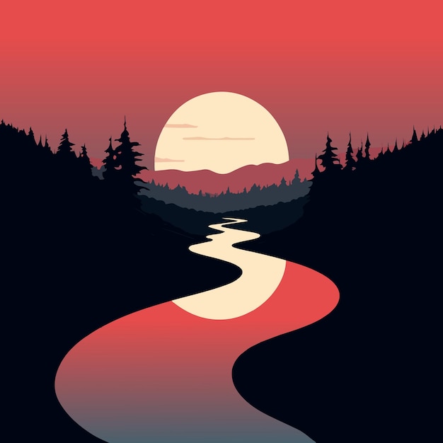 A digital art of a river with a sunset and a forest in the background.