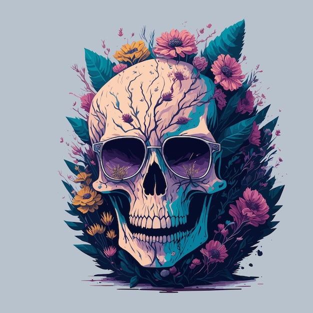 Digital art of a skull with flowers