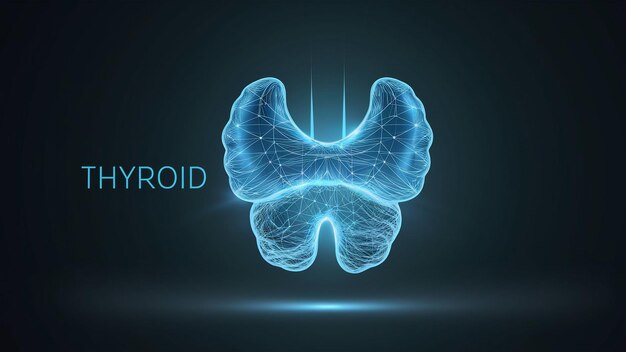 Vector digital art style image featuring a wireframe representation of a thyroid gland