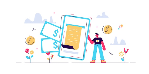 Vector digital bill  illustration.  tiny phone wallet persons . modern electronic financial payment method.  bank transaction service. secure online shopping mobile device technology