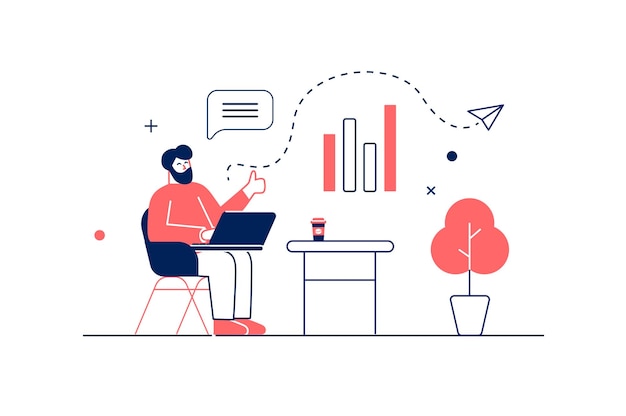 Digital business concept in flat line design with people scene Man working at office and developing company analysis data and graph statistics create success strategy Vector illustration for web