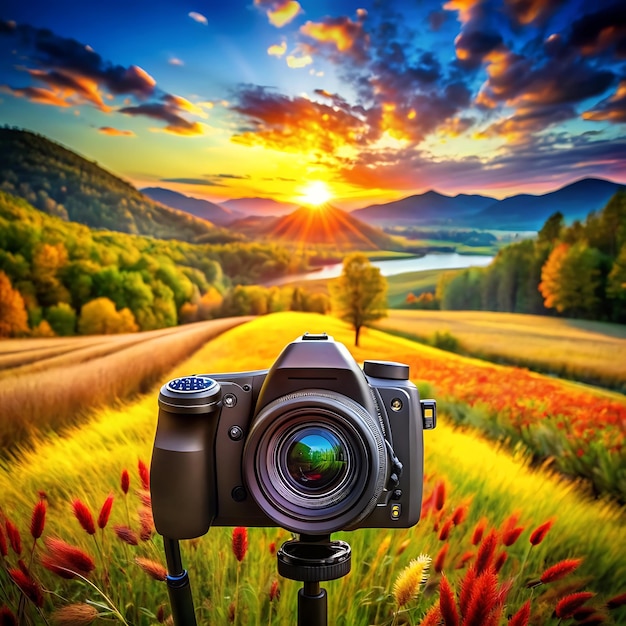 Digital camera over tripod on blur background of landscape sunrise over the green paddy field rice