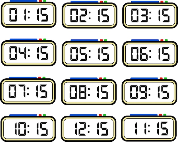 Digital Clock Time Flat Vector Set with 24 Hours Format