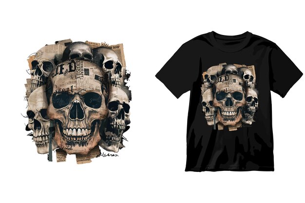 Vector a digital collage of various skull images overlaid with vintage newspaper clippings tshirt design