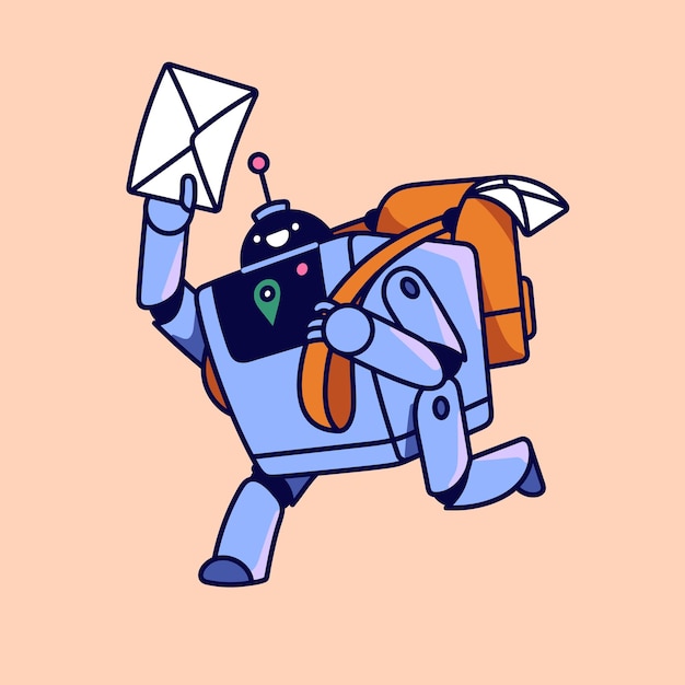 Digital delivery service Communication by email Robot postman machine courier running hold letter in hand Messenger bot with backpack of mails correspondence Flat isolated vector illustration