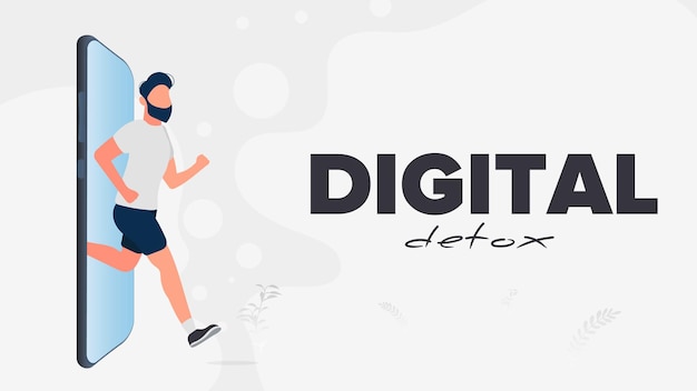 Digital detox banner. The guy runs out of the smartphone. The concept of banning devices, device free zone, digital detox. Vector.