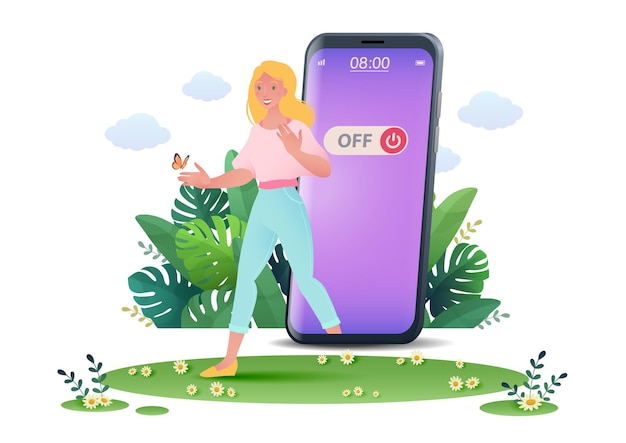 Digital detox concept illustration with a woman walking out from smartphone and stepping into nature