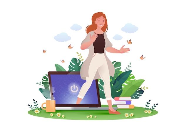 Digital detox concept illustration of woman walking out from computer screen with turning off sign