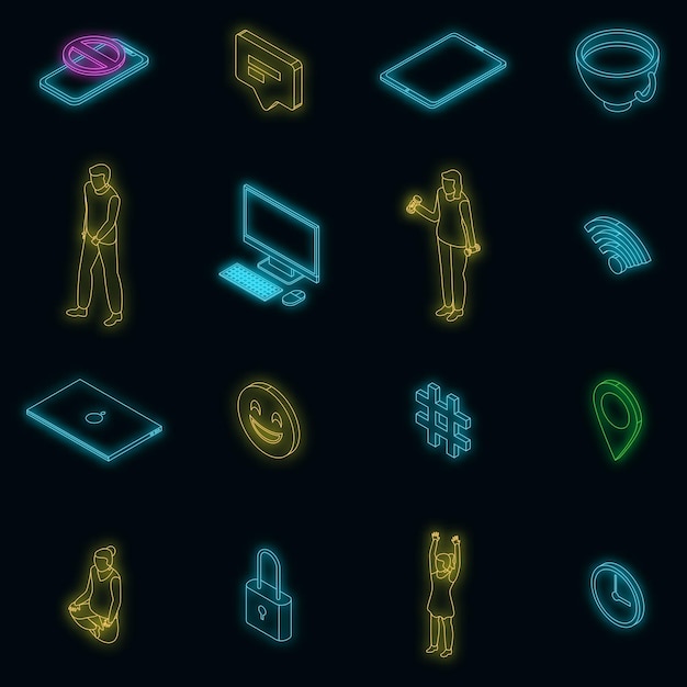 Digital detoxing icons set vector neon