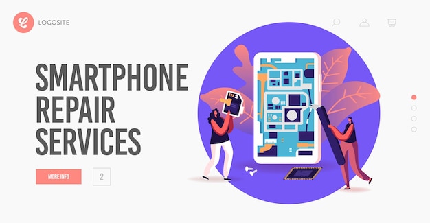 Vector digital devices maintenance service landing page template. tiny female characters repair huge smartphone put digital memory card into cellphone. people fix mobile phone. cartoon vector illustration