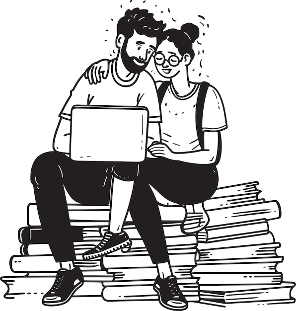 Digital Duets Couple Collaborating on Laptop Resting on Books with Vector Black Logo Bookish Compan