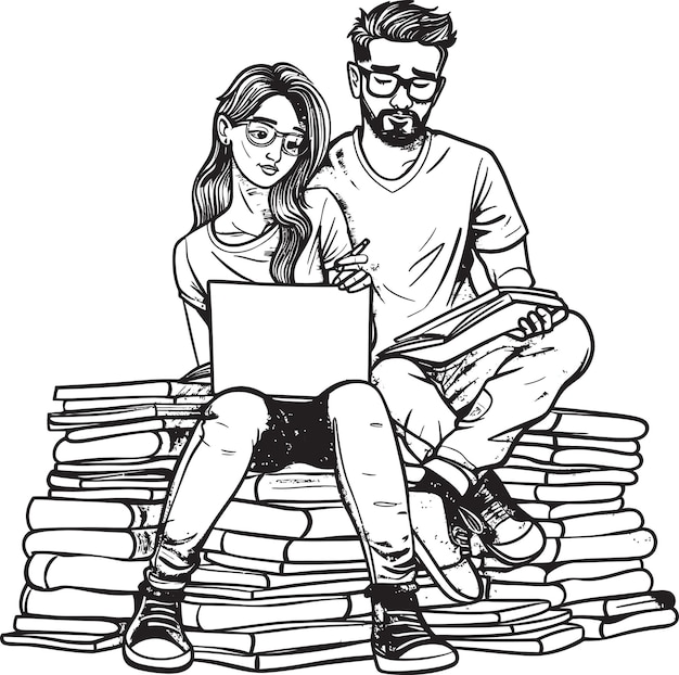 Vector digital duo couple collaborating on laptop work resting on books with vector black logo tech savvy