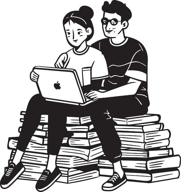 Vector digital duo couple engrossed in laptop task resting on books with vector black logo bookish bond co