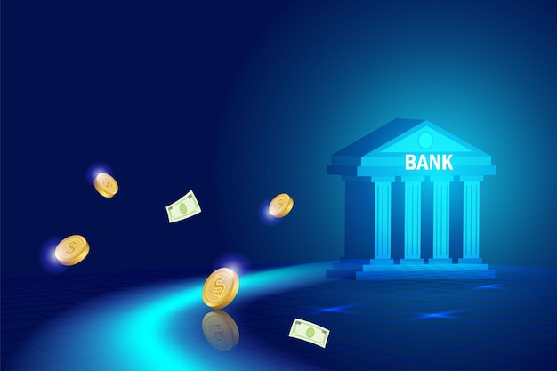 Digital finance and banking service in futuristic Bank building with online payment transaction