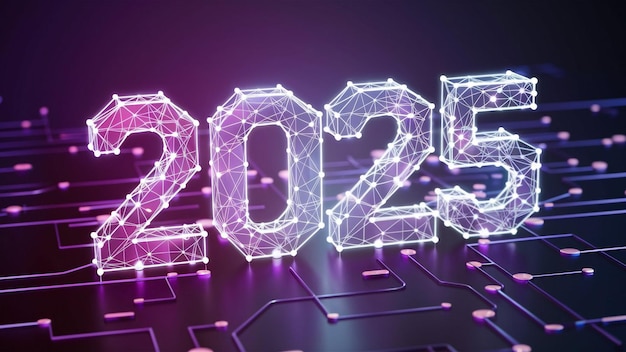 Vector digital futuristicstyle image featuring the number 2025 prominently displayed in a 3d layout