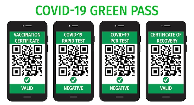 The digital green pass with QR code on mobile phone screen with check mark COVID19 health passport