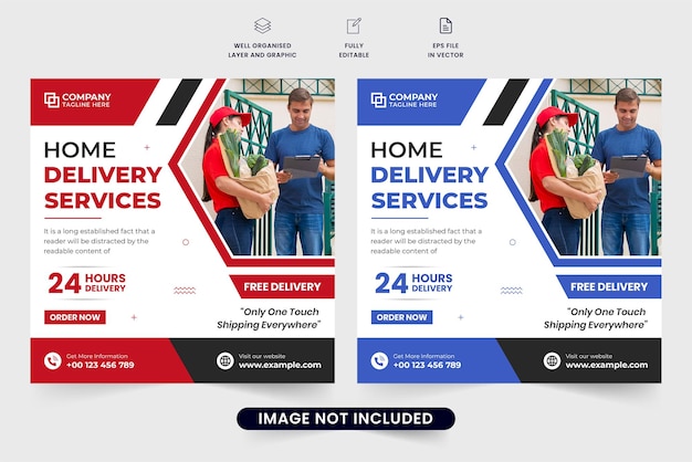 Digital home delivery service social media post vector with abstract shapes Free delivery service web banner design with red and blue colors Delivery service template vector with a photo placeholder