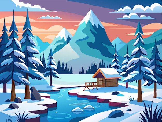 Vector a digital illustration of a cabin in a snowy forest