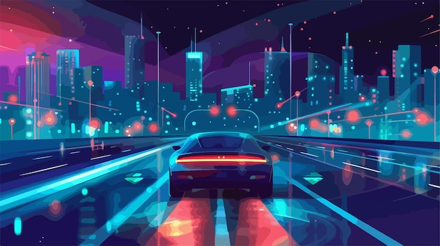 a digital illustration of a car with a city in the background