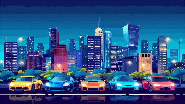 a digital illustration of cars in a city with a city in the background